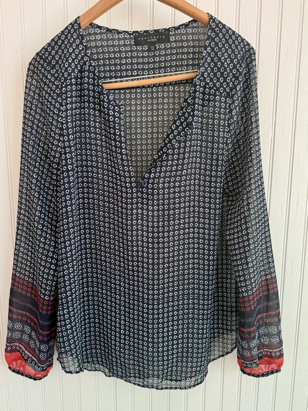 Sanctuary Navy Printed Long-Sleeve V-Neck Blouse with Red Cuff Detail